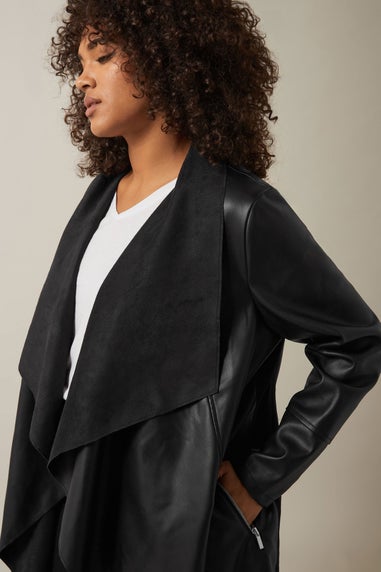 Evans Curve Black Faux Leather Waterfall Jacket