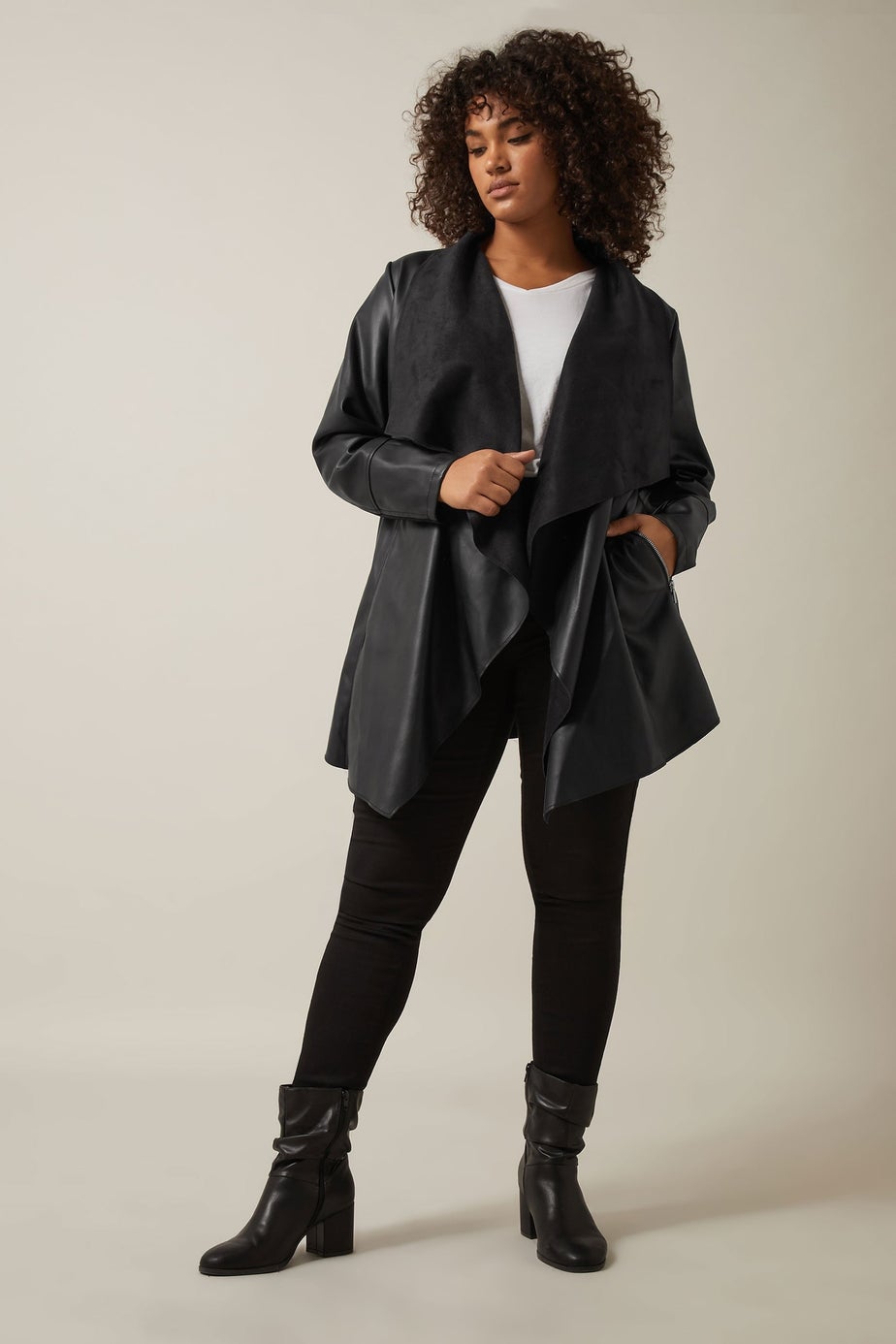 Evans Curve Black Faux Leather Waterfall Jacket