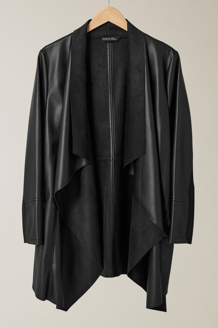 Evans Curve Black Faux Leather Waterfall Jacket