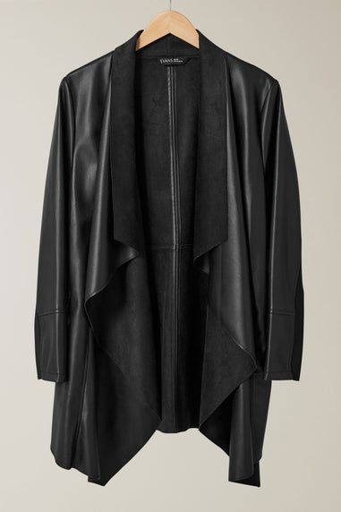 Evans Curve Black Faux Leather Waterfall Jacket