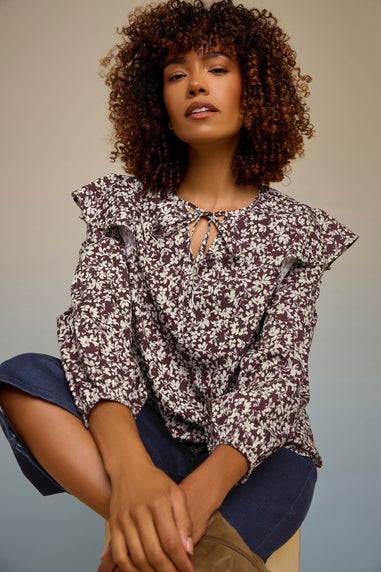 M&Co Berry Purple Floral Print Tie Neck Blouse