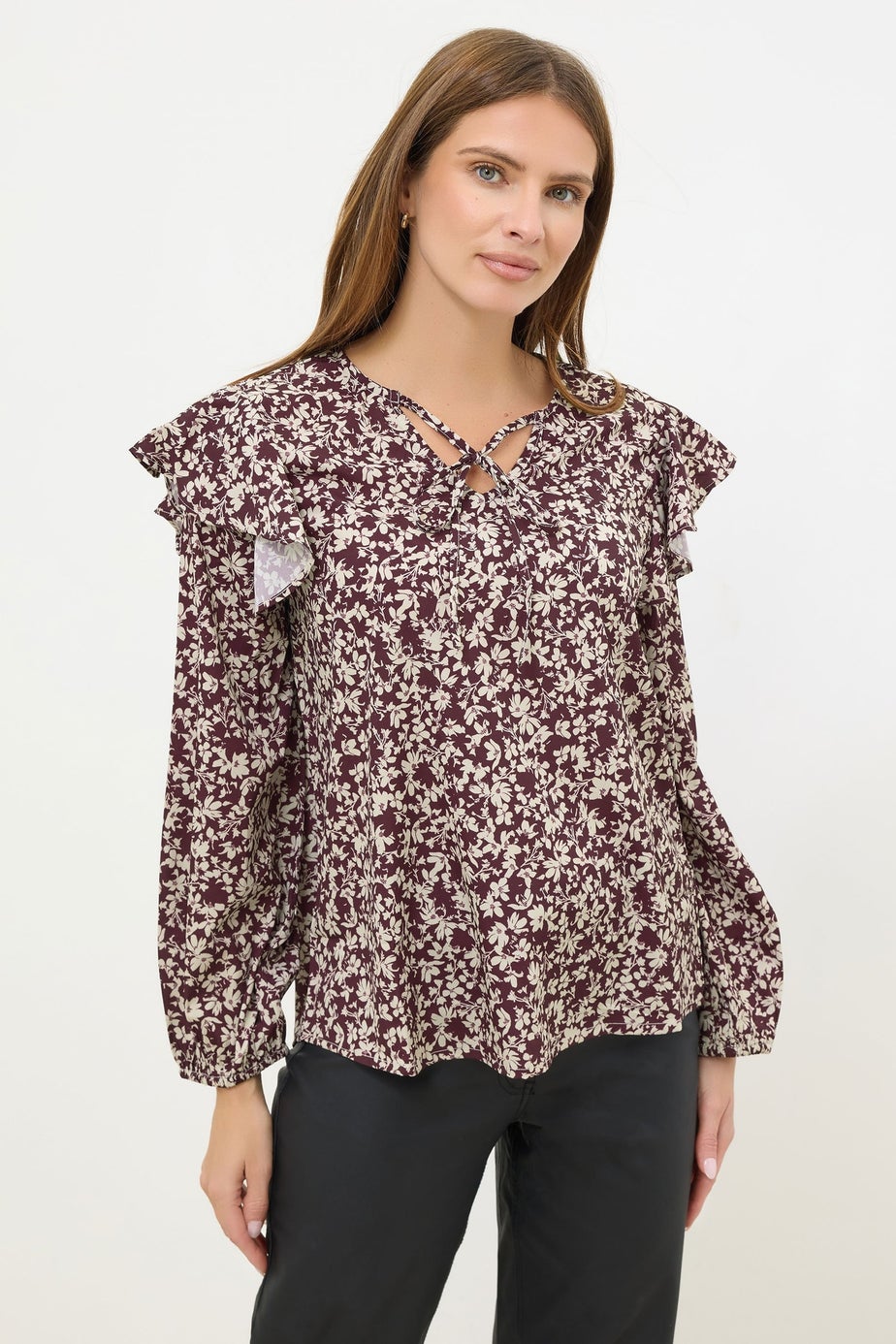 M&Co Berry Purple Floral Print Tie Neck Blouse