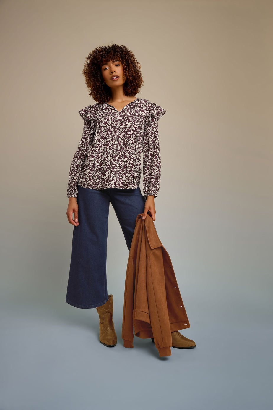 M&Co Berry Purple Floral Print Tie Neck Blouse