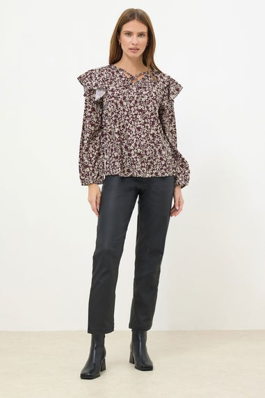 M&Co Berry Purple Floral Print Tie Neck Blouse