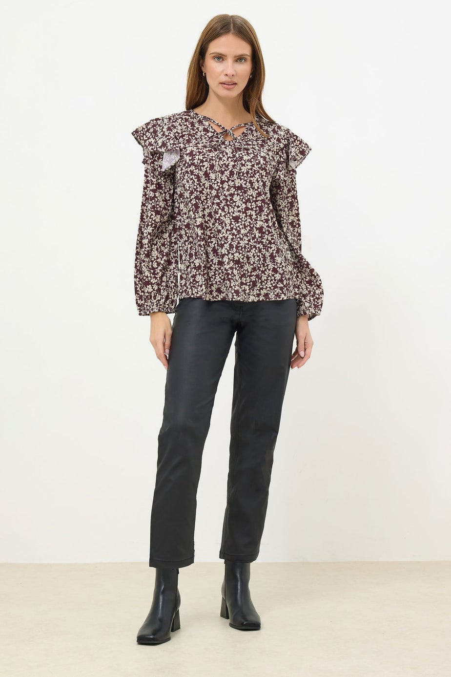M&Co Berry Purple Floral Print Tie Neck Blouse