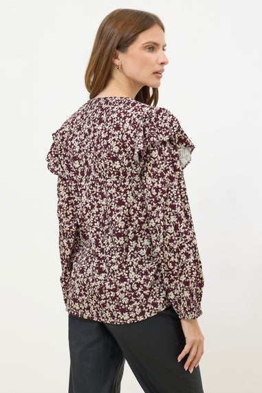 M&Co Berry Purple Floral Print Tie Neck Blouse