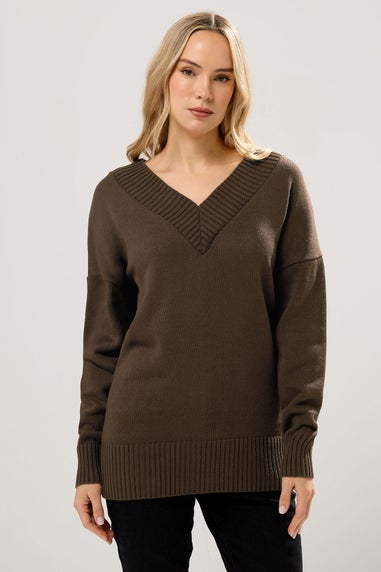 Long Tall Sally Chocolate Brown Knitted V-Neck Jumper