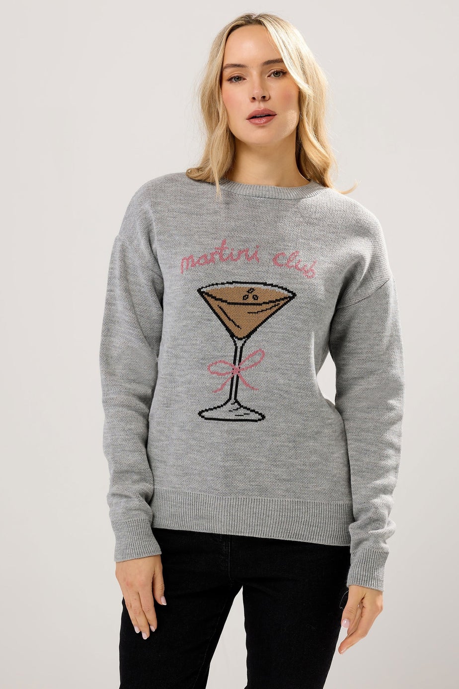 Long Tall Sally Grey 'Martini Club' Knitted Slogan Jumper