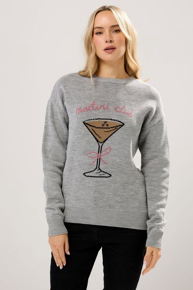 Long Tall Sally Grey 'Martini Club' Knitted Slogan Jumper