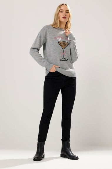 Long Tall Sally Grey 'Martini Club' Knitted Slogan Jumper