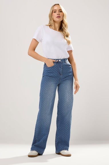 Long Tall Sally Mid Wash Textured Wide Leg Jeans