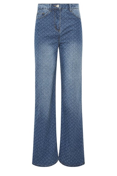 Long Tall Sally Mid Wash Textured Wide Leg Jeans