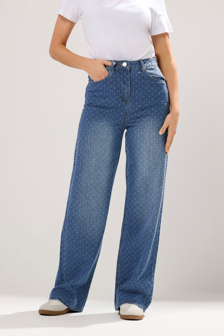 Long Tall Sally Mid Wash Textured Wide Leg Jeans