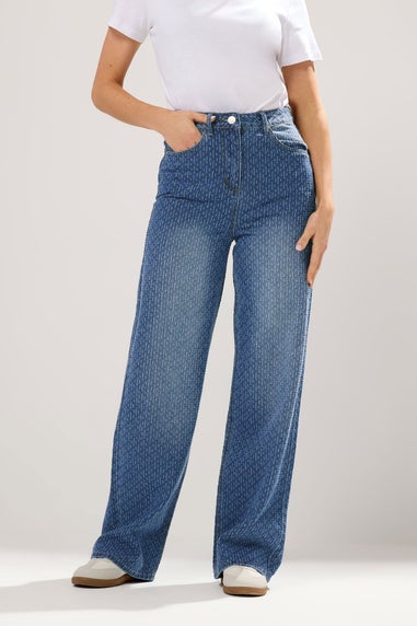 Long Tall Sally Mid Wash Textured Wide Leg Jeans