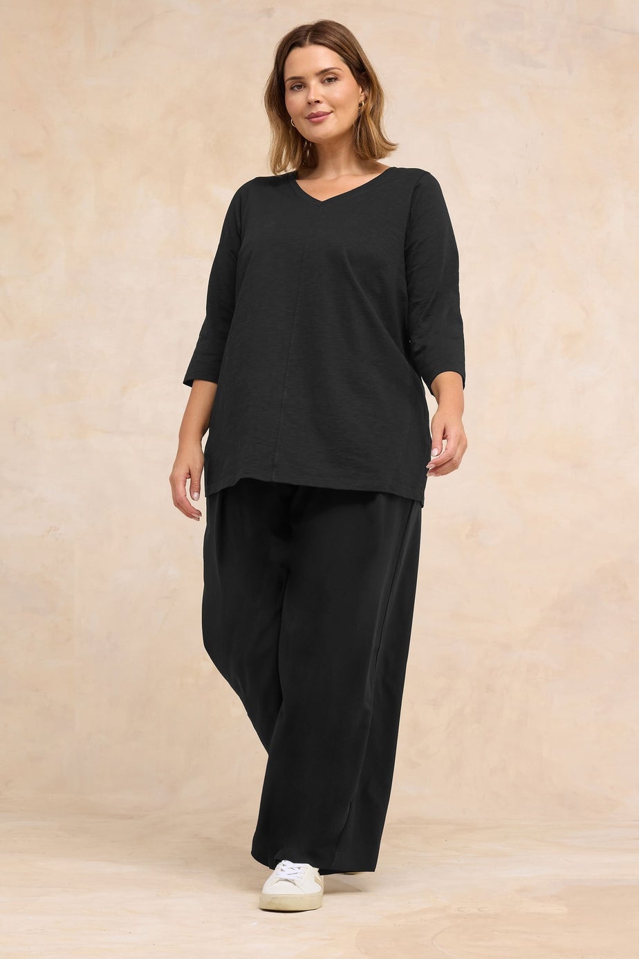 Evans Curve Black V-Neck Cotton Top