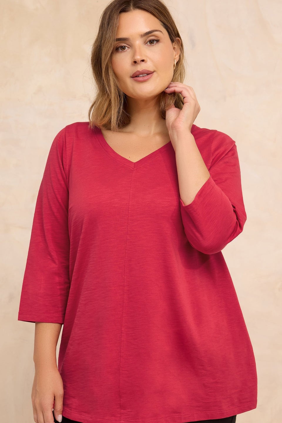 Evans Curve Red V-Neck Cotton Top