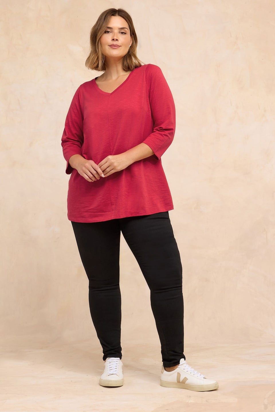 Evans Curve Red V-Neck Cotton Top
