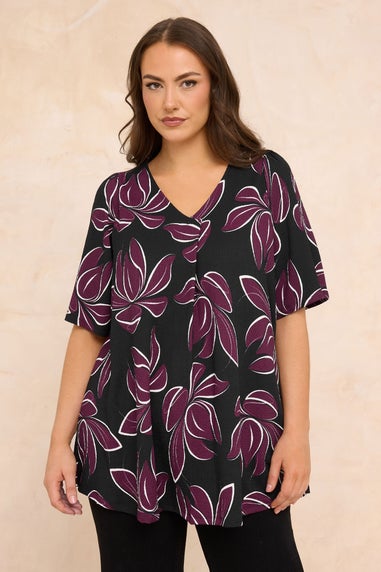 Evans Curve Berry Red Floral Print Pleat Front Top