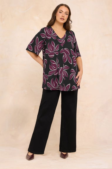 Evans Curve Berry Red Floral Print Pleat Front Top