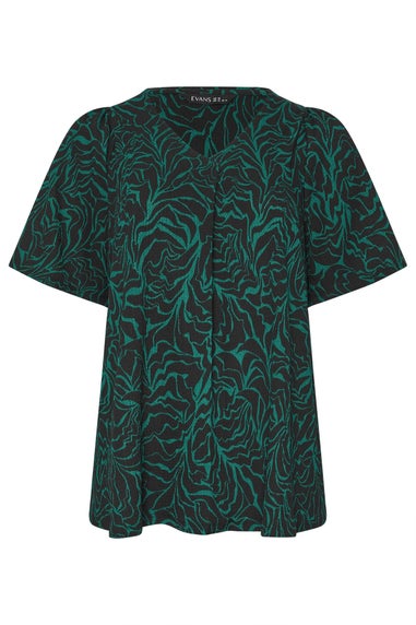 Evans Curve Green Abstract Print Pleat Front Crinkle Top