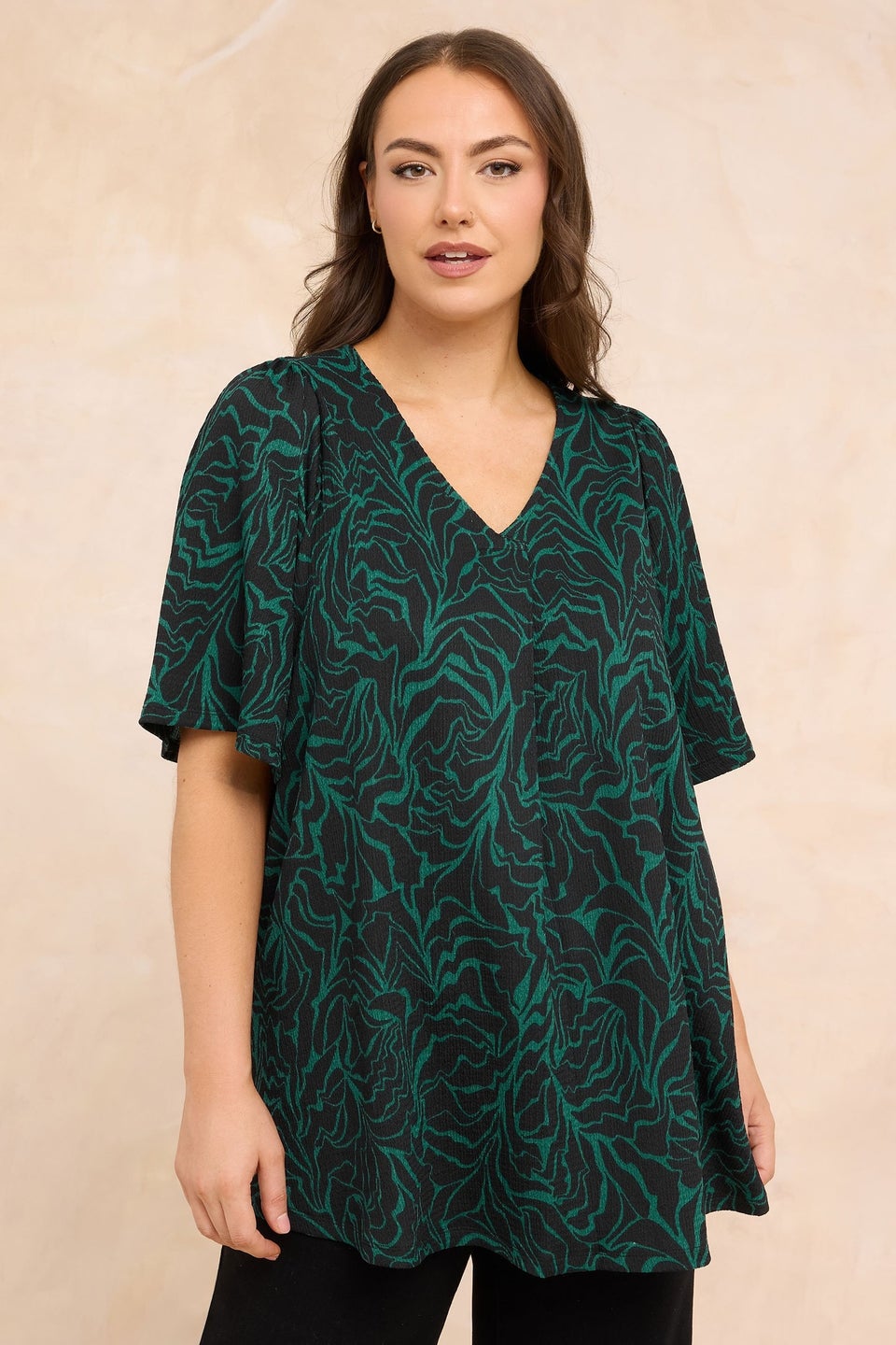 Evans Curve Green Abstract Print Pleat Front Crinkle Top