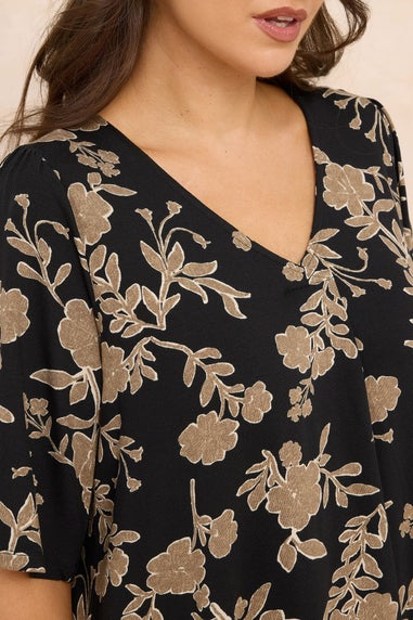 Evans Curve Black Floral Print Pleat Front Top