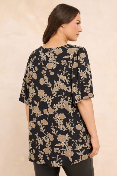 Evans Curve Black Floral Print Pleat Front Top