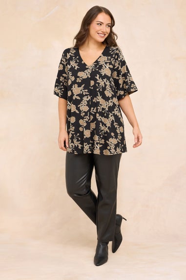 Evans Curve Black Floral Print Pleat Front Top