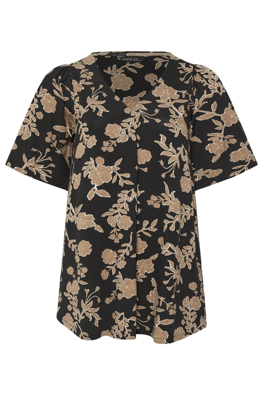 Evans Curve Black Floral Print Pleat Front Top