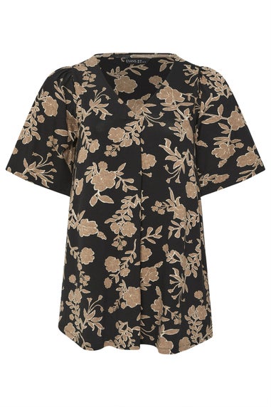 Evans Curve Black Floral Print Pleat Front Top