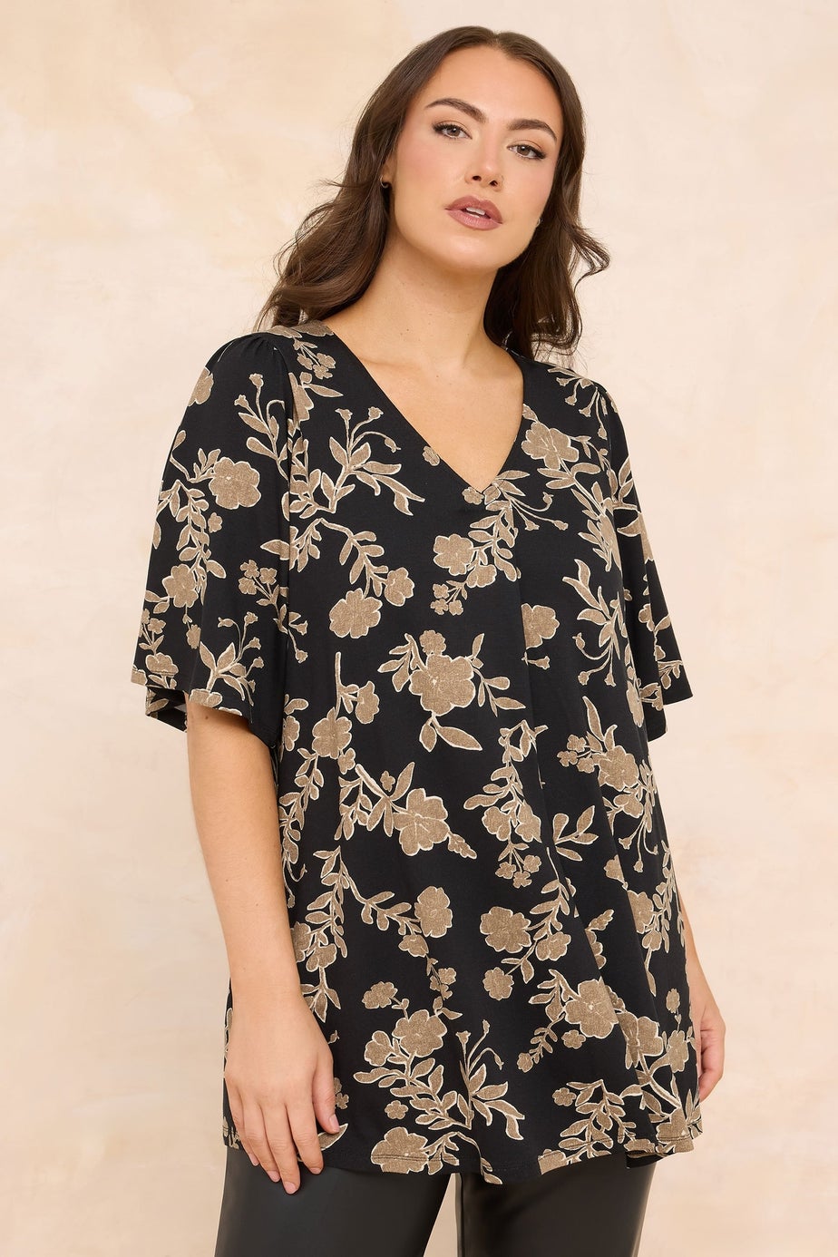 Evans Curve Black Floral Print Pleat Front Top
