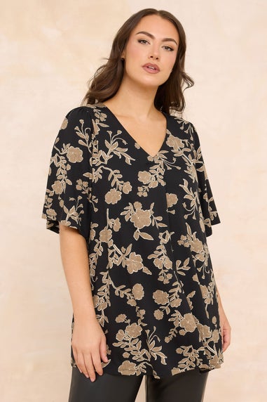Evans Curve Black Floral Print Pleat Front Top