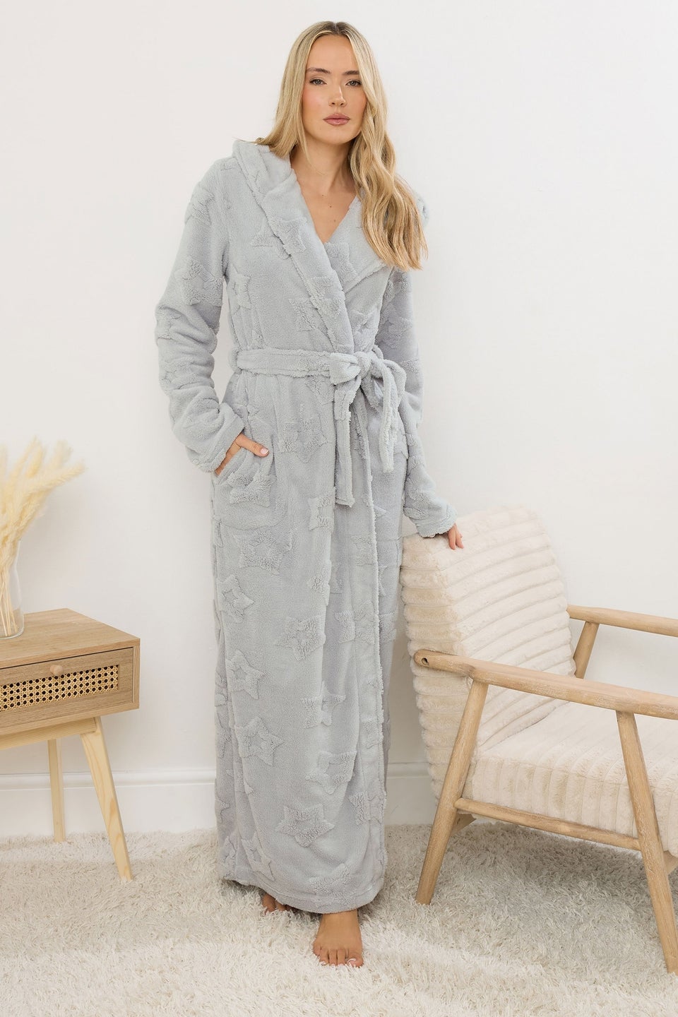 Long Tall Sally Light Grey Star Embossed Dressing Gown