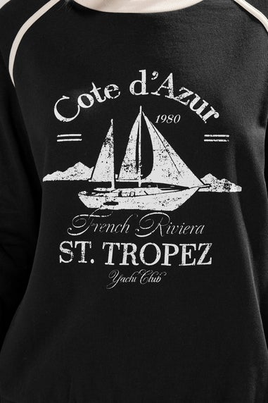 Long Tall Sally Black 'Cote d'Azur' Slogan Pipe Detail Sweatshirt