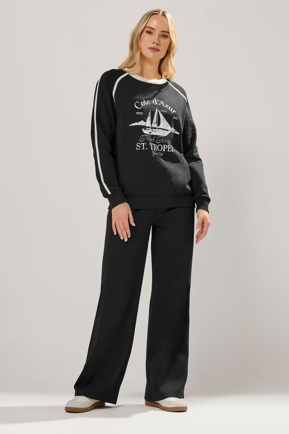 Long Tall Sally Black 'Cote d'Azur' Slogan Pipe Detail Sweatshirt