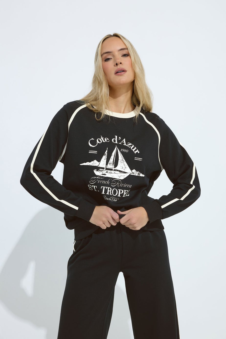 Long Tall Sally Black 'Cote d'Azur' Slogan Pipe Detail Sweatshirt