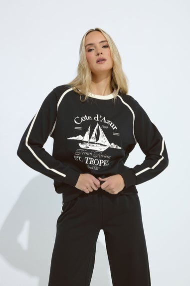 Long Tall Sally Black 'Cote d'Azur' Slogan Pipe Detail Sweatshirt