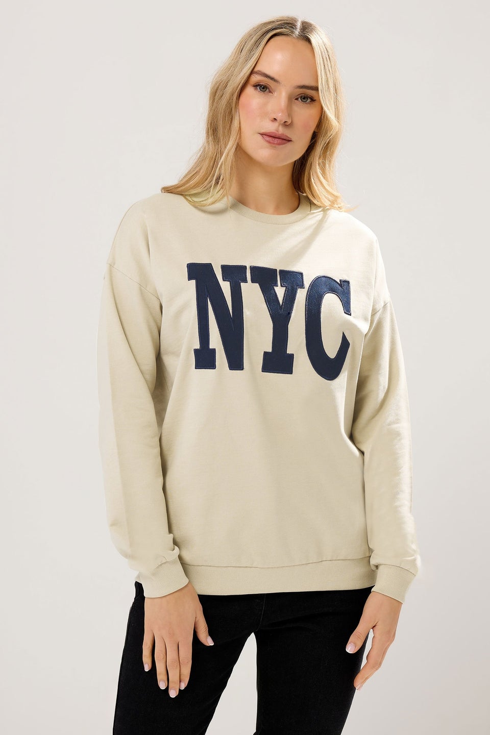 Long Tall Sally Beige Brown 'NYC' Applique Slogan Sweatshirt