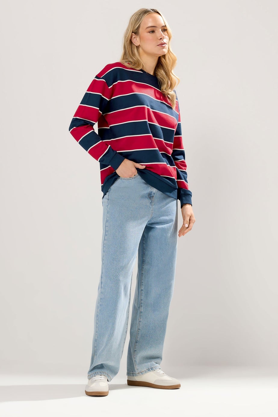 Long Tall Sally Navy Blue & Red Stripe Crew Neck Sweatshirt