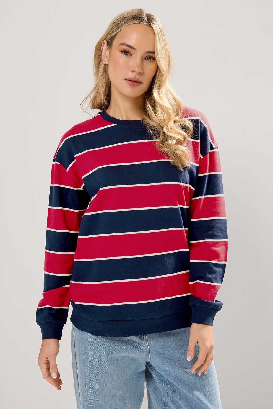 Long Tall Sally Navy Blue & Red Stripe Crew Neck Sweatshirt