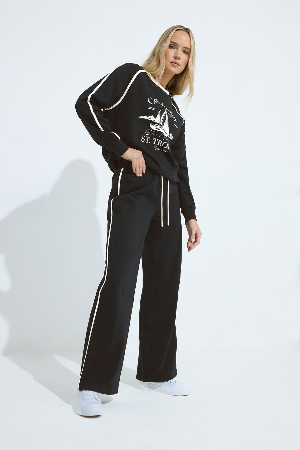 Long Tall Sally Black Pipe Detail Wide Leg Joggers