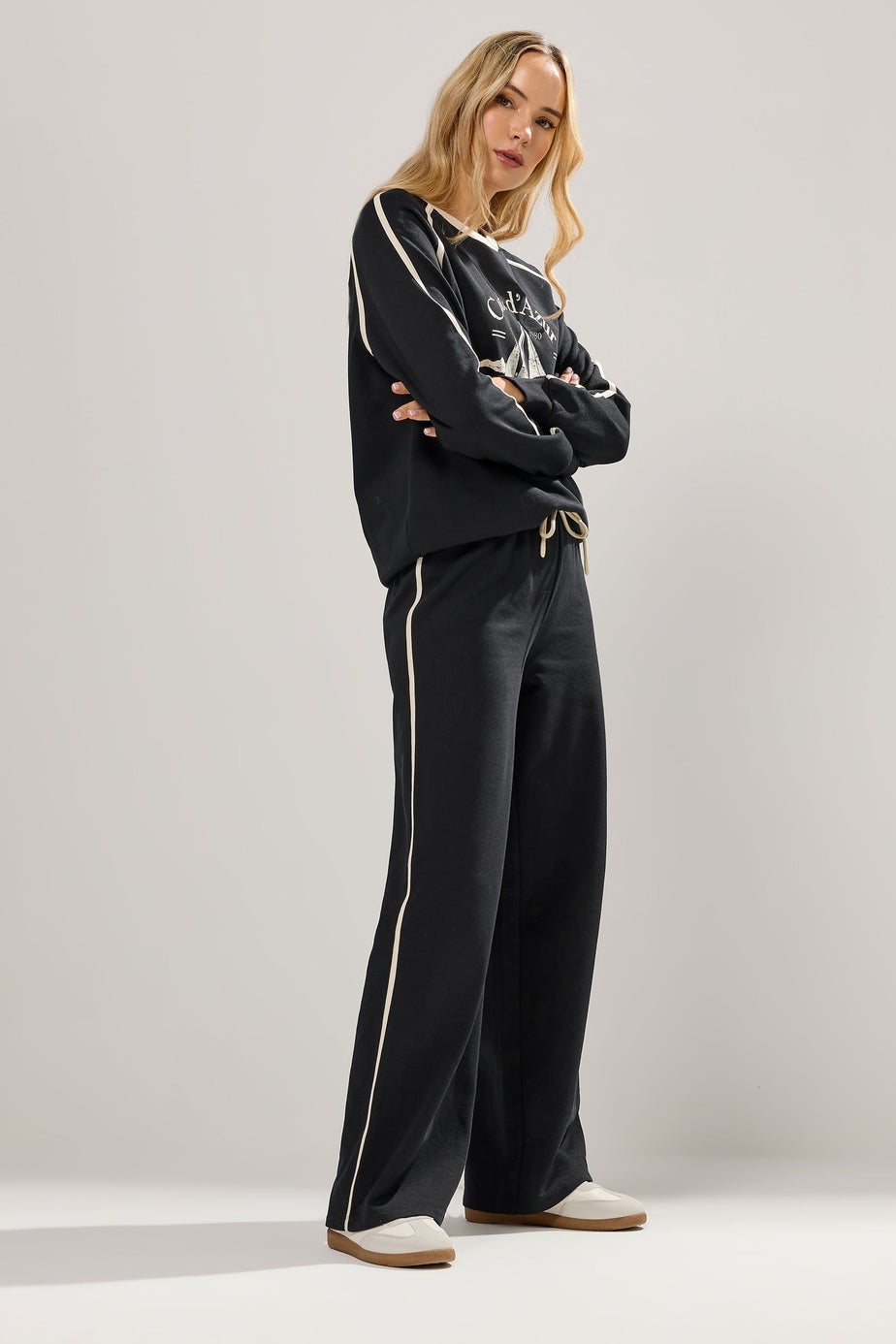 Long Tall Sally Black Pipe Detail Wide Leg Joggers
