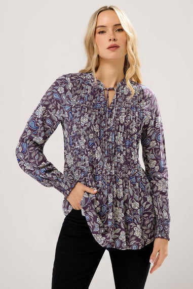 Long Tall Sally Purple Floral Tie Neck Pintuck Blouse