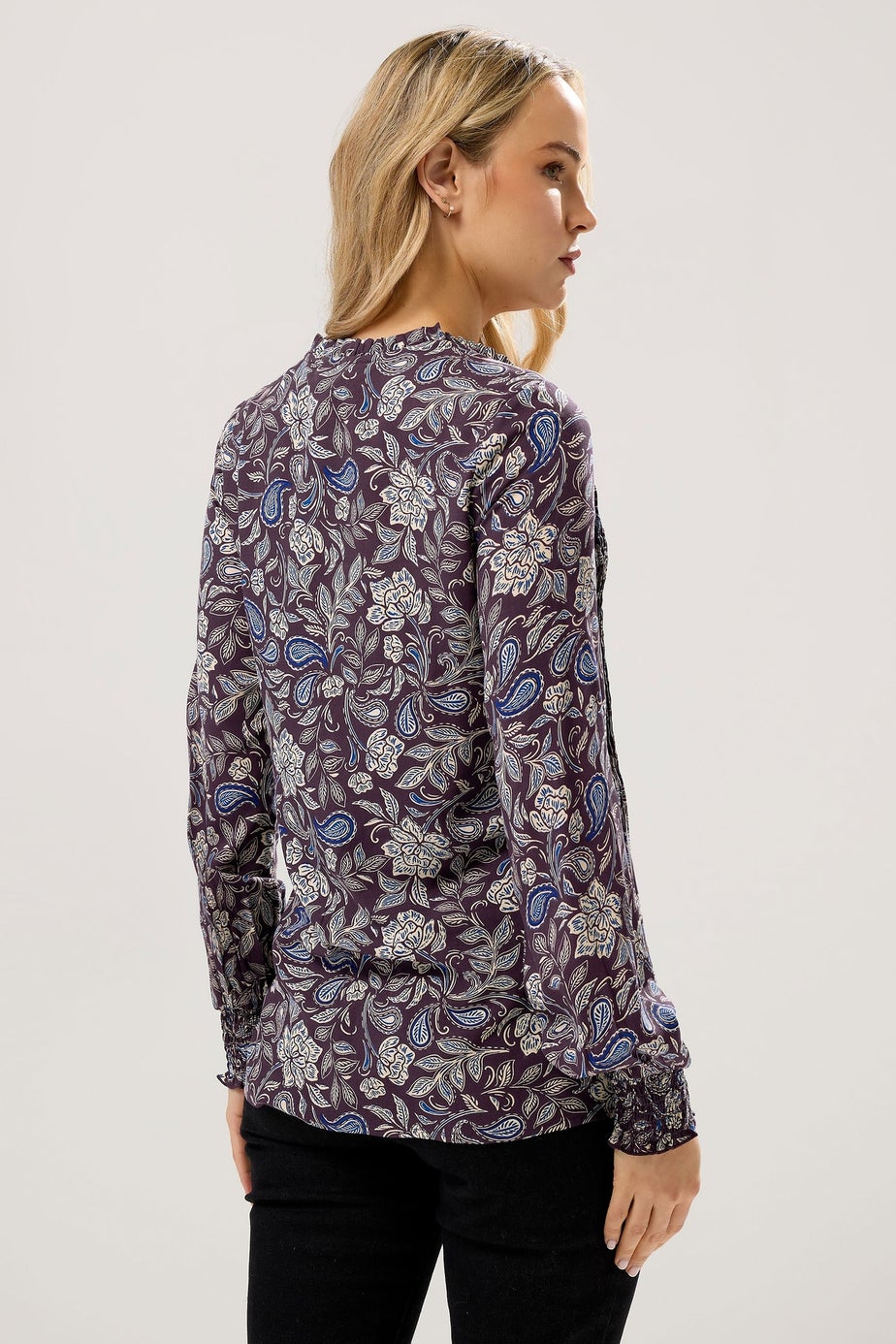 Long Tall Sally Purple Floral Tie Neck Pintuck Blouse