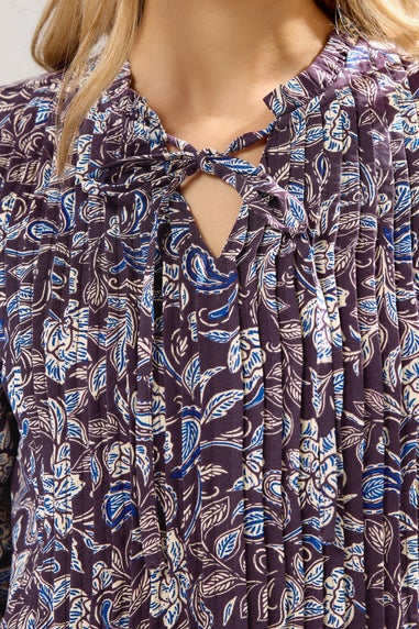 Long Tall Sally Purple Floral Tie Neck Pintuck Blouse