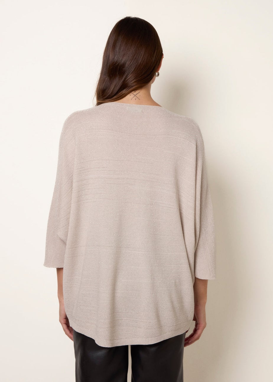 Blue Vanilla Beige Metallic V Neck Knitted Ripple Jumper