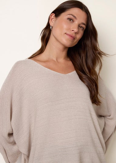 Blue Vanilla Beige Metallic V Neck Knitted Ripple Jumper