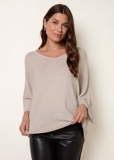 Blue Vanilla Beige Metallic V Neck Knitted Ripple Jumper