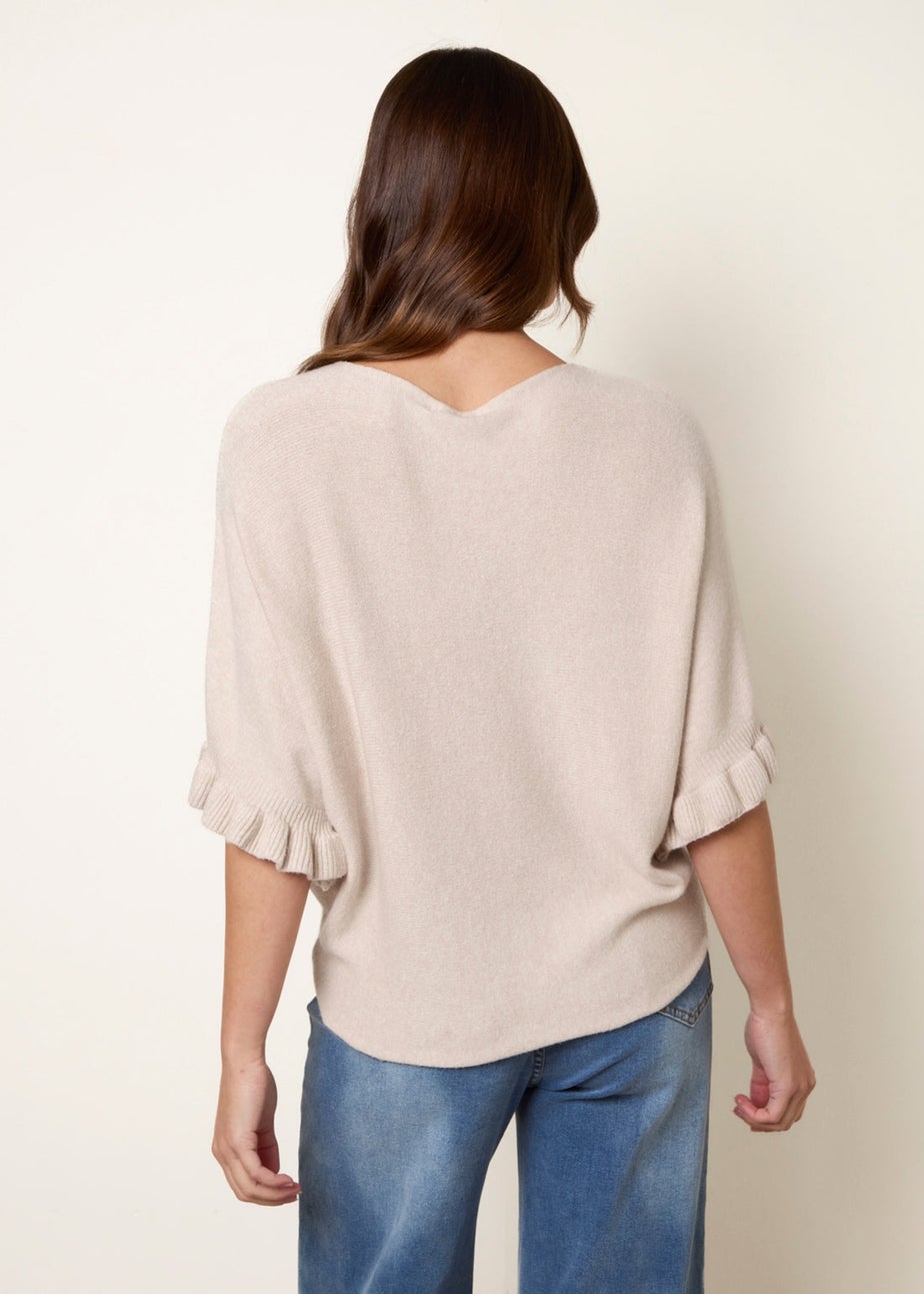 Blue Vanilla Beige Knitted Frill Sleeve Batwing Jumper