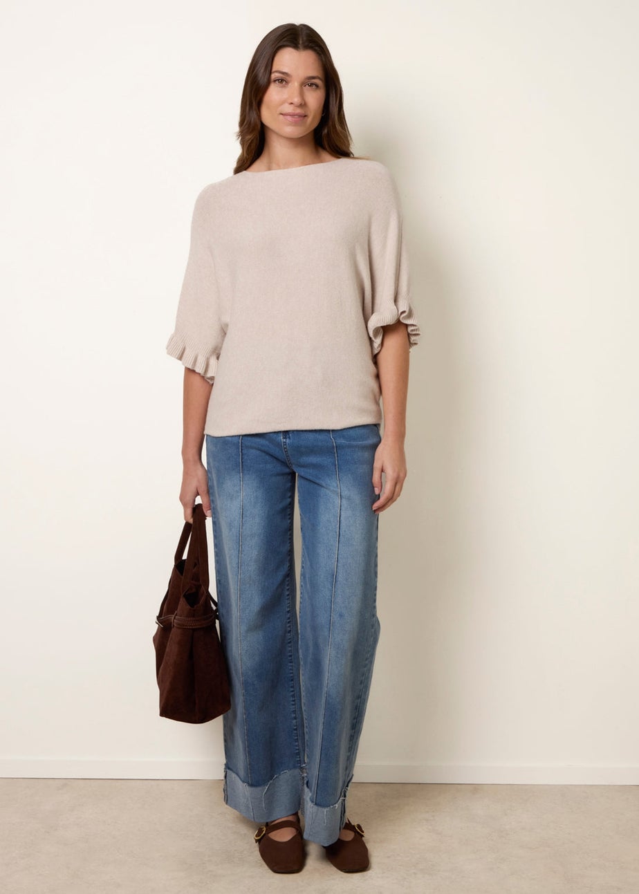 Blue Vanilla Beige Knitted Frill Sleeve Batwing Jumper